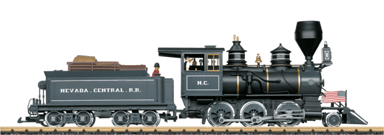 Black steam locomotive model with coal car from Nevada Central R.R., American flag and miniature figures onboard