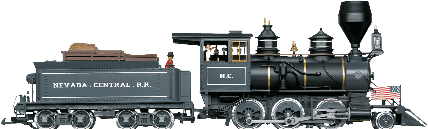 Modellino di locomotiva a vapore nera con vagone carbone della Nevada Central R.R., bandiera americana e personaggi a bordo