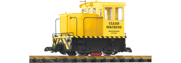Yellow maintenance locomotive model Clean Machine with black details and railway base