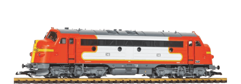 Vintage-style red and white diesel locomotive model on display